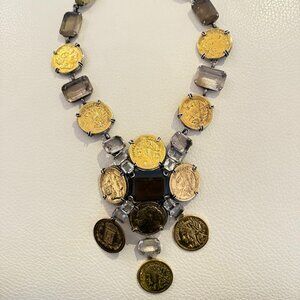 VINTAGE IRADJ MOINI COIN NECKLACE BROOCH ANTIQUE GOLD PLATED SMOKY QUARTZ